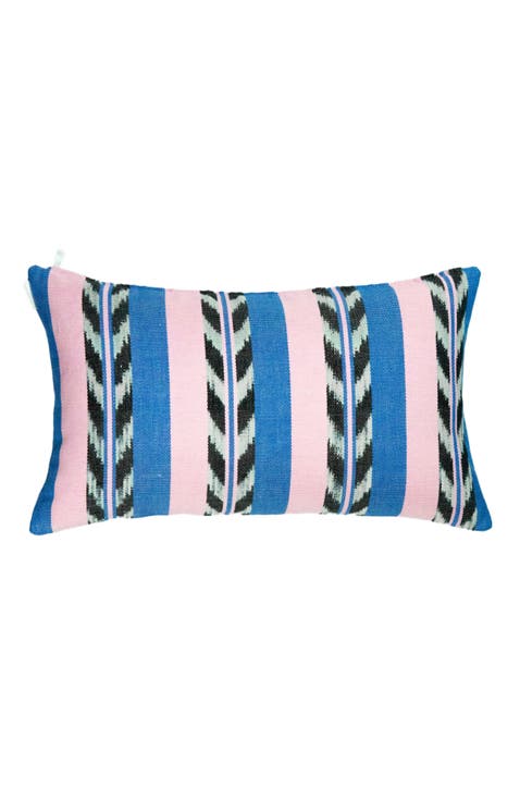 Palm Ikat Striped Pink and Blue Handwoven Cotton Rectangle Pillow