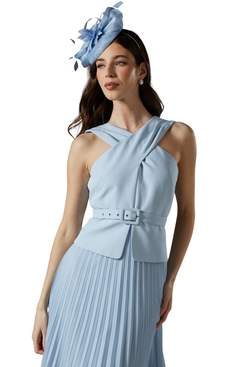 Petite Cross Over Pleated Midi Dress, Alternate, color, Light Blue