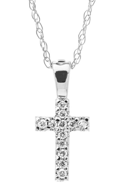 14k White Gold & Diamond Cross Necklace (Baby Girls)