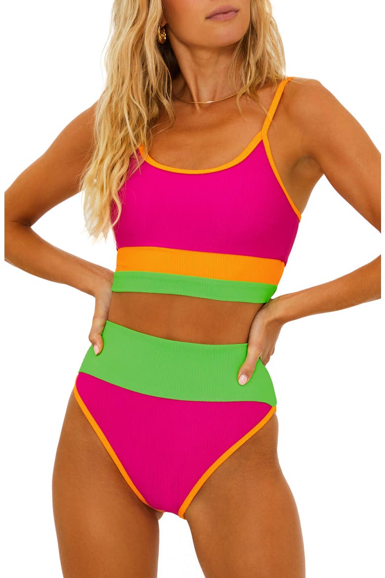 Emmy Colorblock High Waist Bikini Bottoms, Alternate, color, NEON SUNSET COLORBLOCK