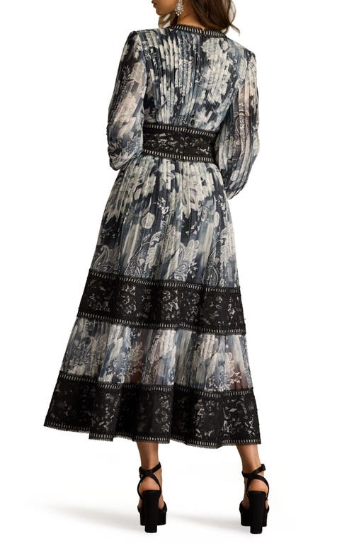 Tadashi Shoji Floral Lace Detail Metallic Thread Long Sleeve Cocktail Midi Dress In Ivory/black