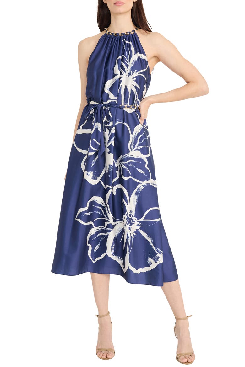 Floral Halter Neck Belted Midi Dress, Main, color, NAVY/ IVORY