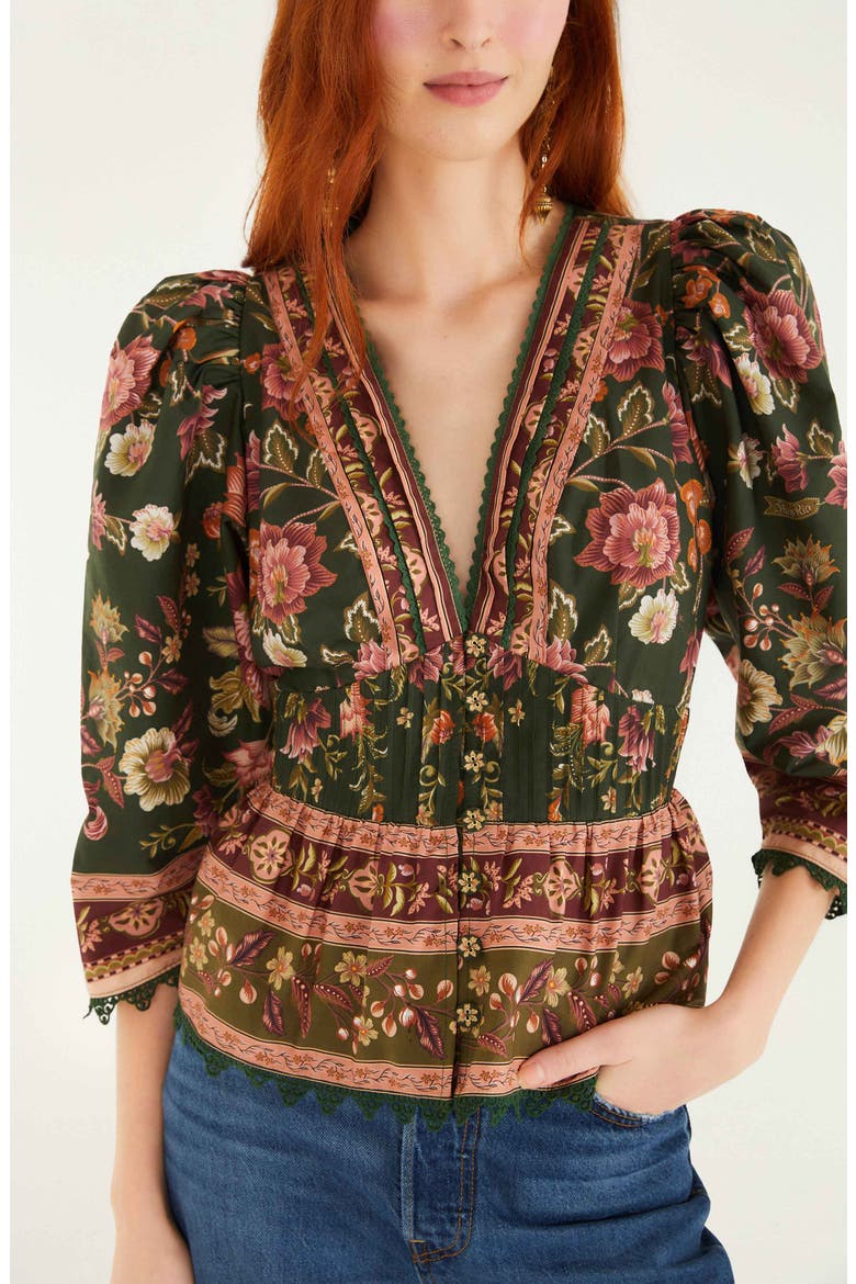 Flowering Garden Tree Linen Blend Top, Alternate, color, GREEN