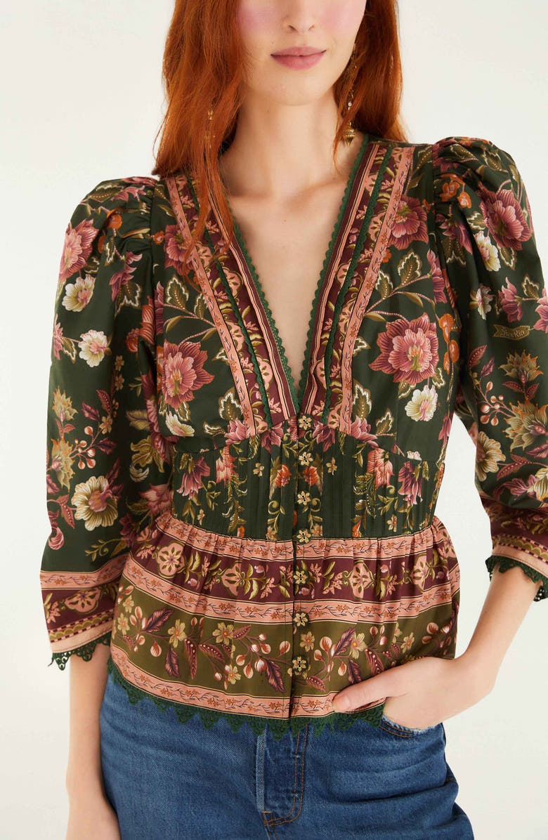 FARM Rio Flowering Garden Tree Linen Blend Top, Alternate, color, Green