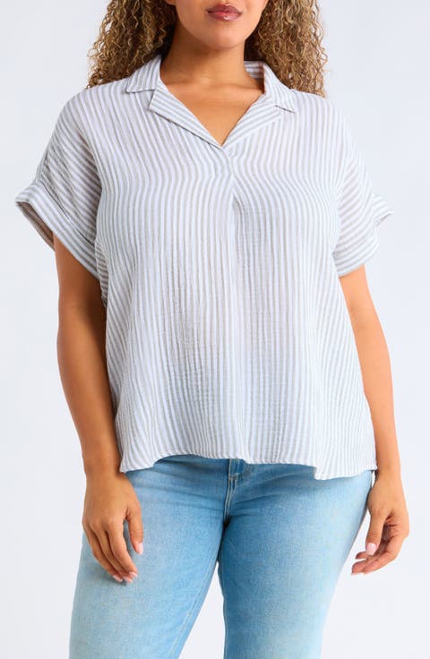 Arin Stripe Short Sleeve Cotton Button-Up Shirt (Plus)