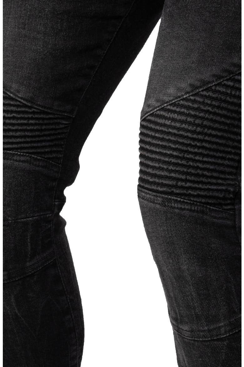 Raw X Distressed Moto Slim Jeans, Alternate, color, BLACK WASH