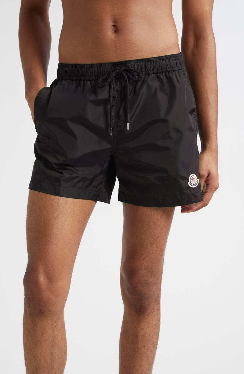 Moncler Logo Patch Swim Trunks, Main, color, Black