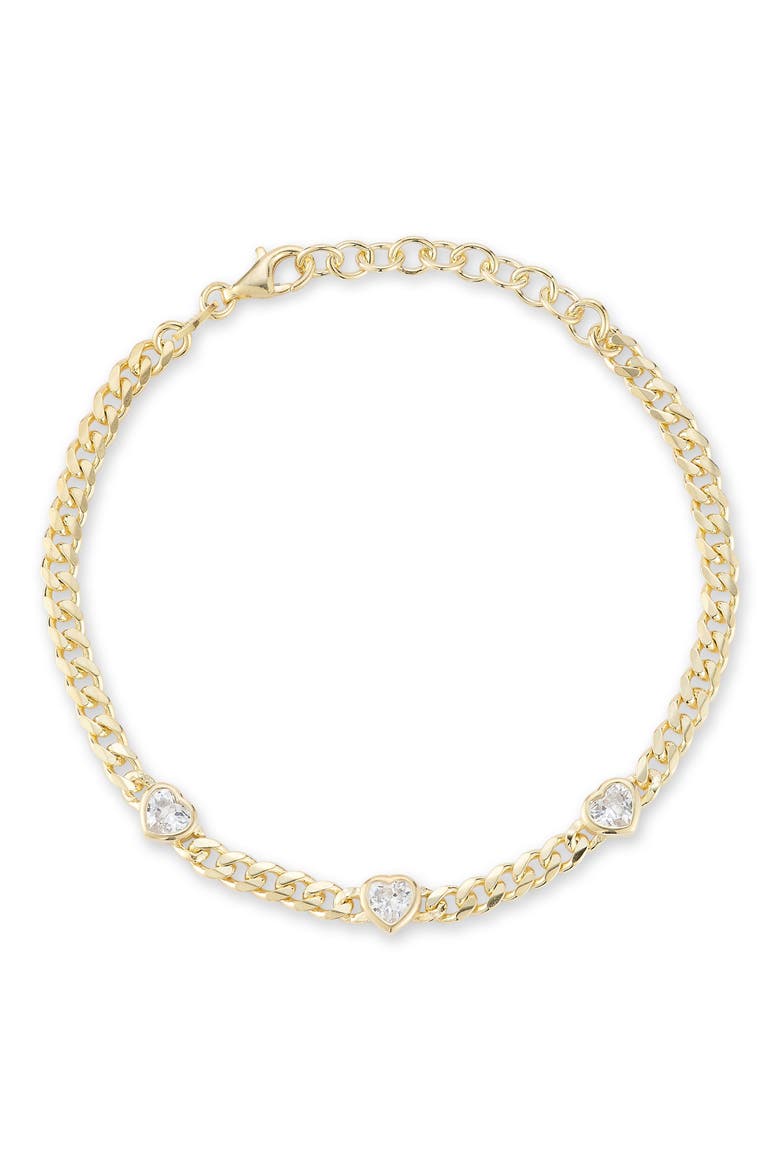 Cubic Zirconia Heart Station Curb Chain Bracelet, Main, color, GOLD