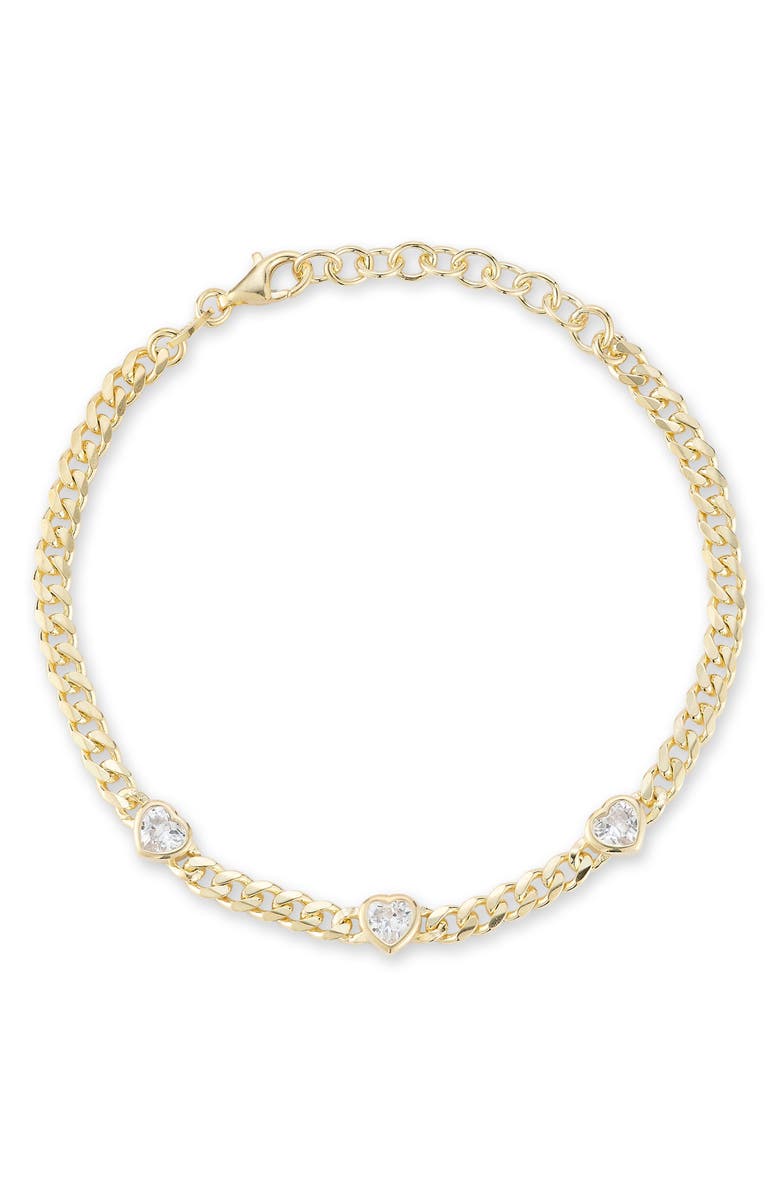 GLAZE JEWELRY Cubic Zirconia Heart Station Curb Chain Bracelet, Main, color, Gold