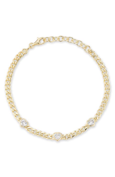 Cubic Zirconia Heart Station Curb Chain Bracelet