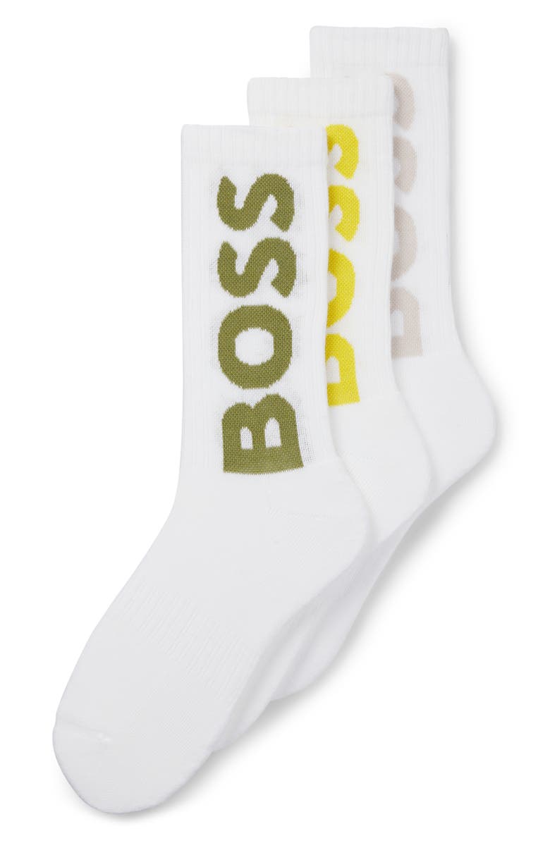 BOSS 3-Pack Logo Ribbed Crew Socks, Alternate, color, White Multi