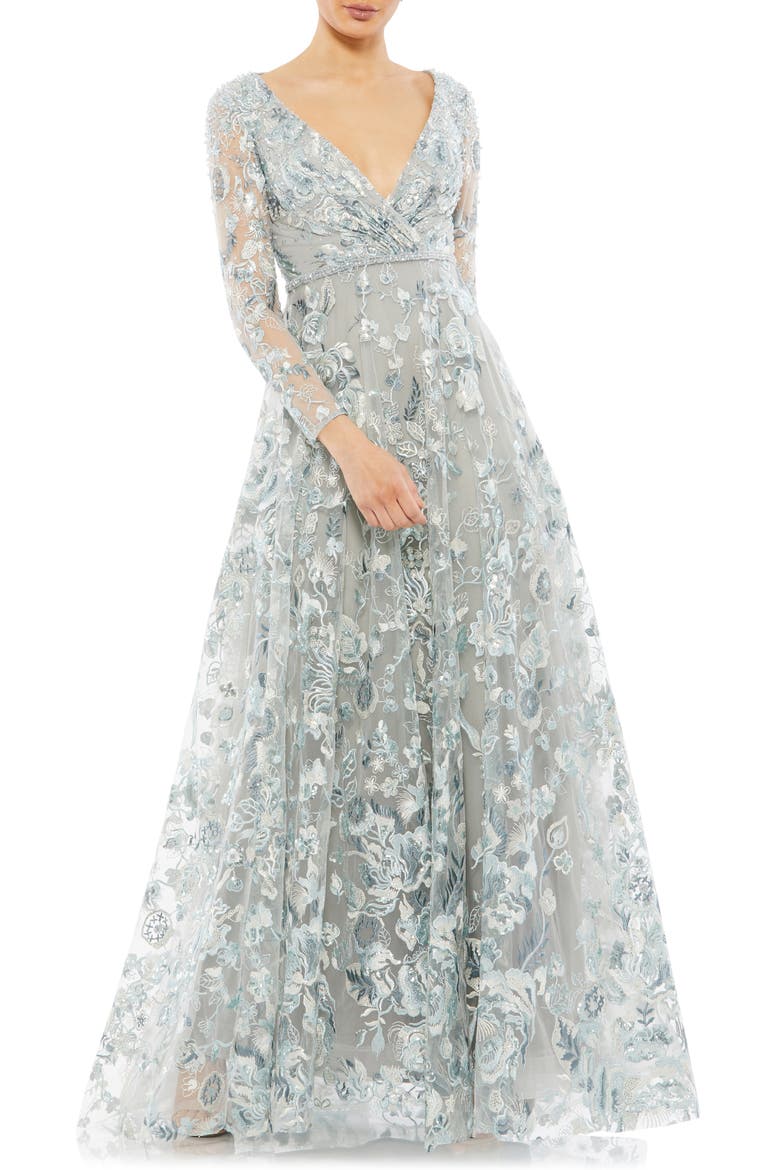 Floral Embroidered Long Sleeve Gown, Main, color, PLATINUM