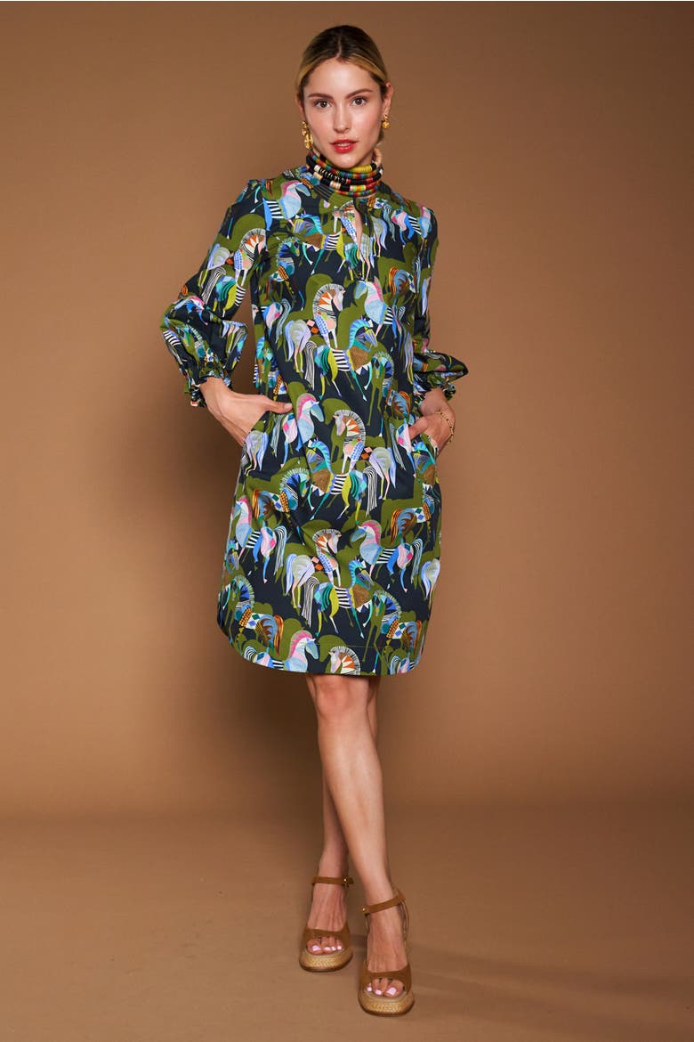 Printed Popelin Dress With Baloon Sleeves, Alternate, color, Green / Multicolour
