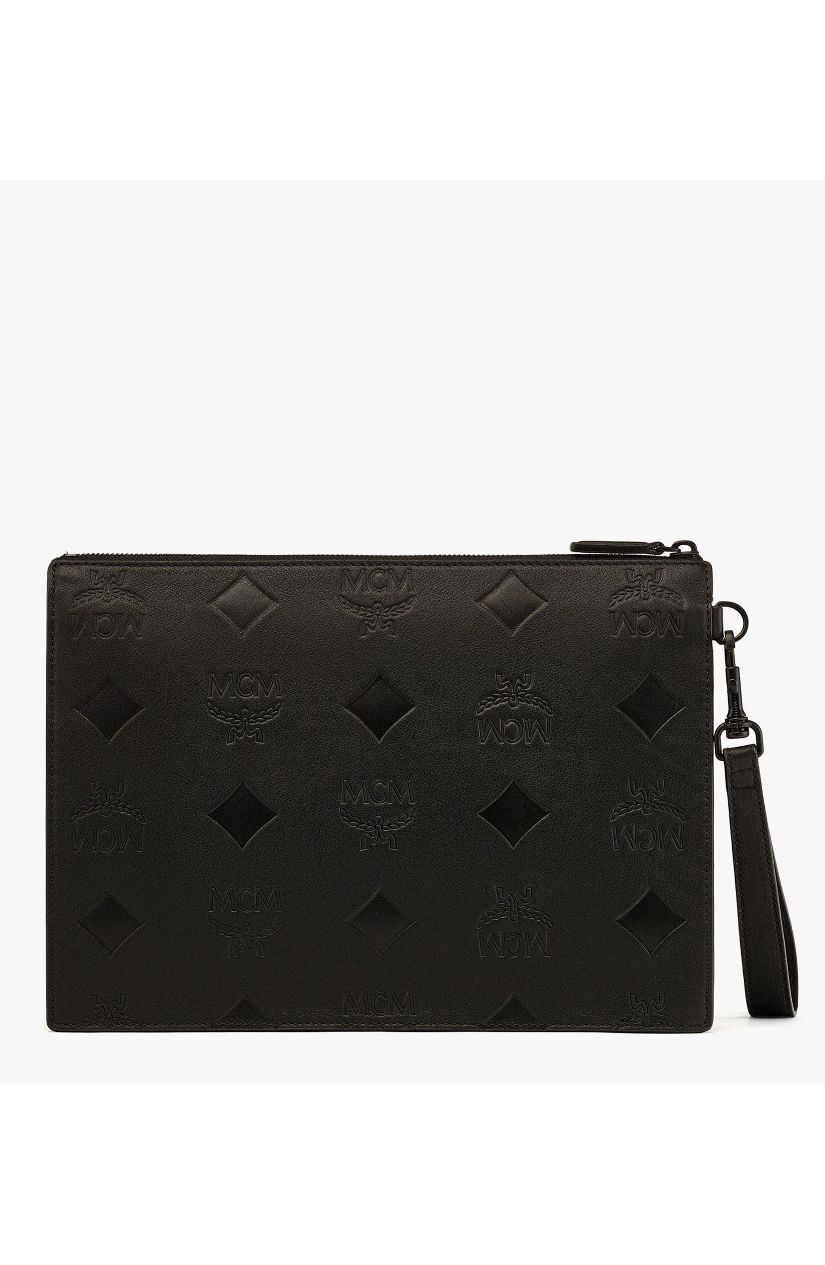 MCM Aren Wristlet Pouch in Maxi Monogram Leather, Alternate, color, Black