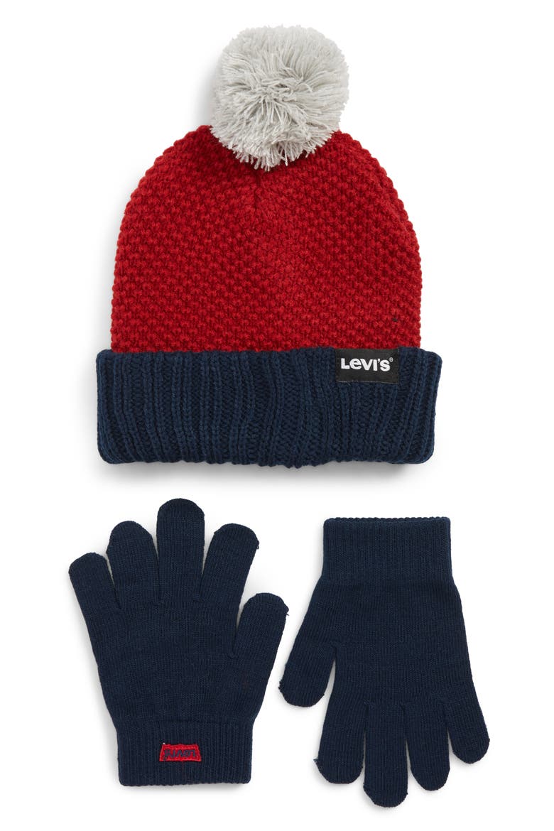 Levi's® Bold Beanie & Gloves Set, Main, color, CHILI PEPPER