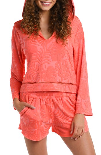 La Blanca Island Palm V-neck Hooded Top In Coral