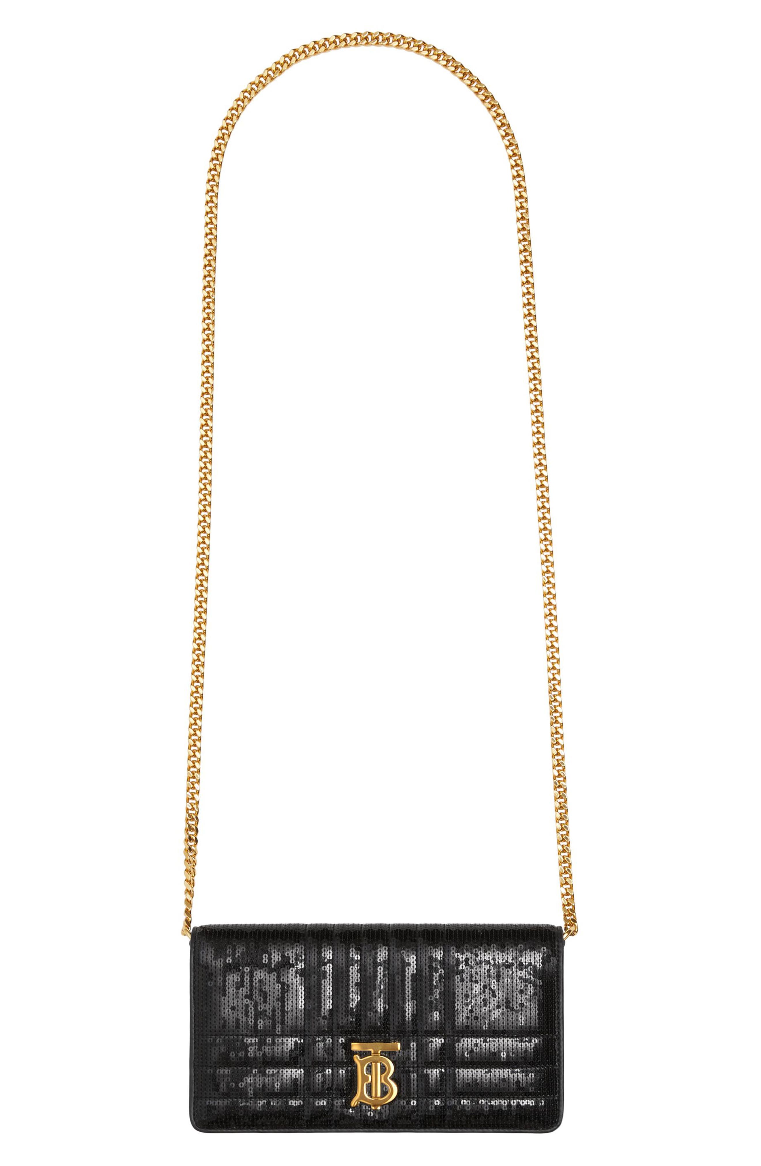 Lola Quilted Sequined Leather Wallet on a Chain, Alternate, color, BLACK