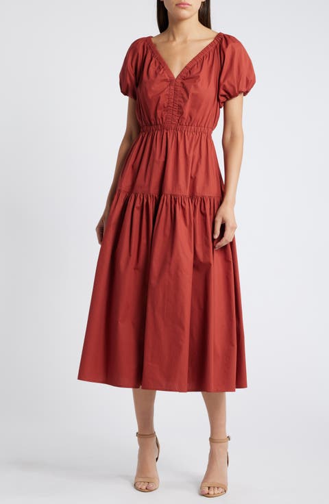 Puff Sleeve Tiered Midi Dress