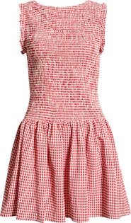 WAYF Esme Gingham Smocked Bodice Drop Waist Minidress