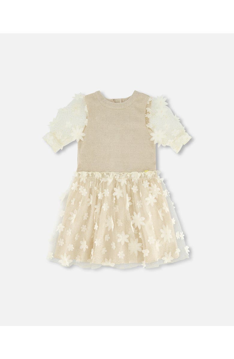 Deux par Deux Girl's Elbow Sleeve Dress With Tulle Skirt Glittering Beige, Main, color,