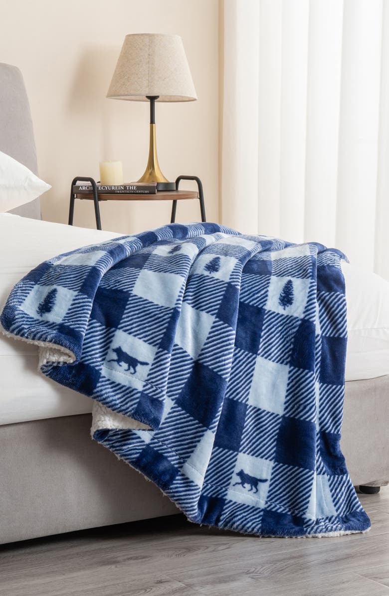 Woven & Weft Logde Plaid Print Reversible Faux Shearling Throw Blanket, Alternate, color, Buffalo Check Lodge