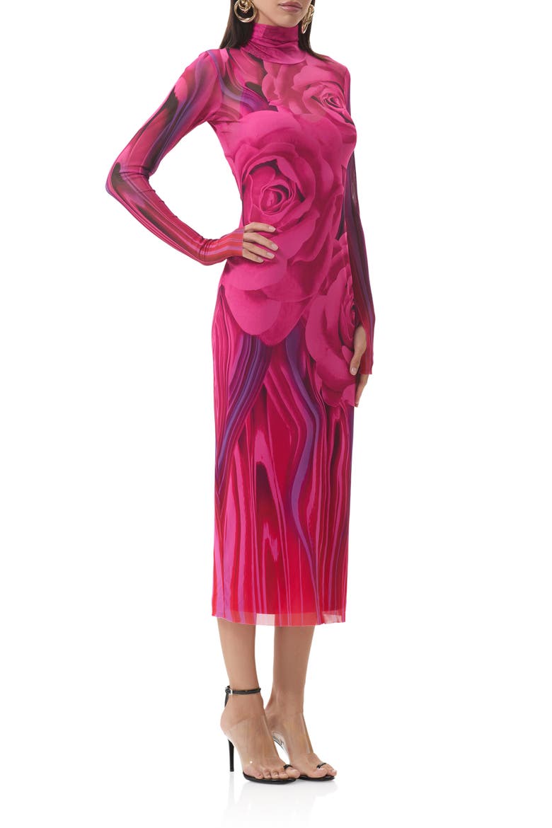 Shailene Print Long Sleeve Powermesh Body-Con Midi Dress, Alternate, color, FUCHSIA ROSE