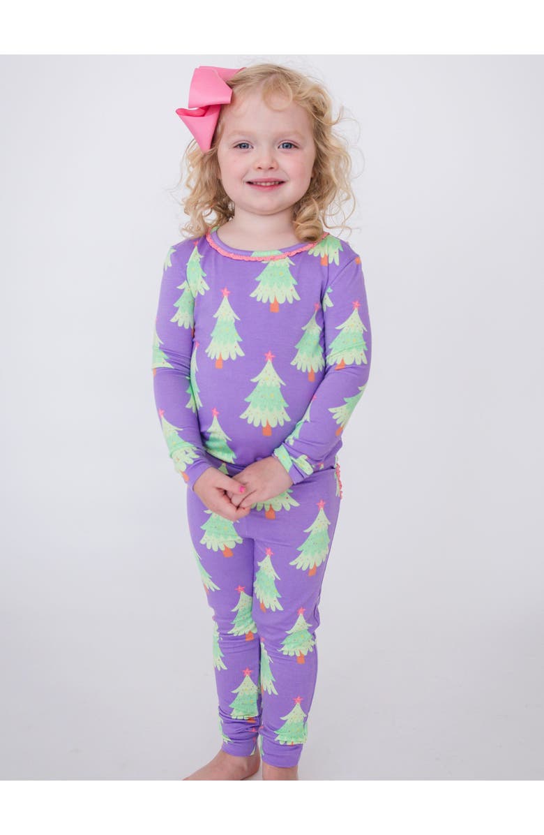 RuffleButts SoftSnooze Ruffle Long Sleeve Pajama Set, Signature Rear Ruffles, Alternate, color, Purple Twinkling Trees