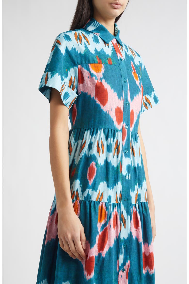 Ikat Print Tiered Cotton Sateen Midi Shirtdress, Alternate, color, IKAT AZURE BLUE