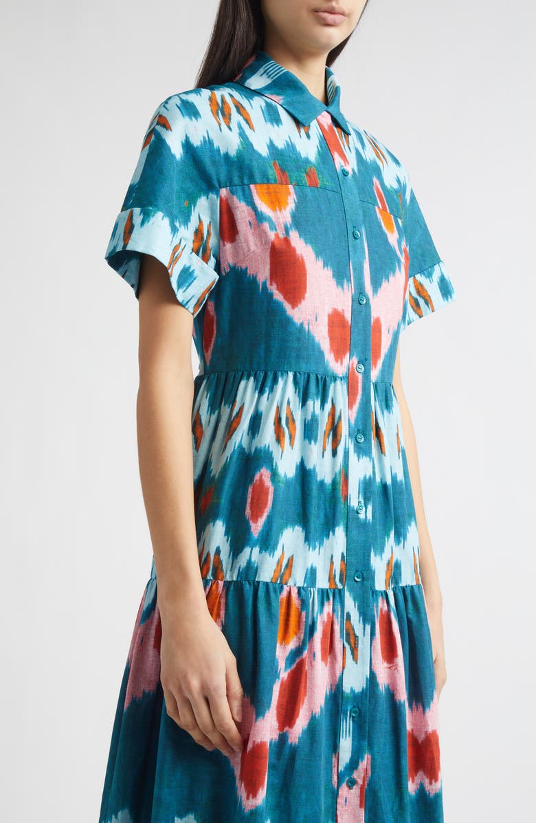 Erdem Ikat Print Tiered Cotton Sateen Midi Shirtdress, Alternate, color, Ikat Azure Blue