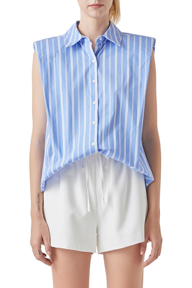 Stripe Power Shoulder Sleeveless Button-Up Shirt, Main, color, BLUE/ WHITE