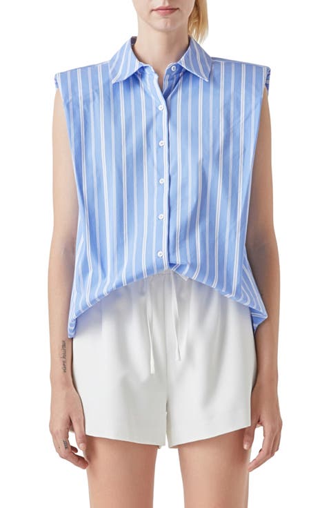 Stripe Power Shoulder Sleeveless Button-Up Shirt