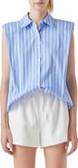 Grey Lab Stripe Power Shoulder Sleeveless Button-Up Shirt