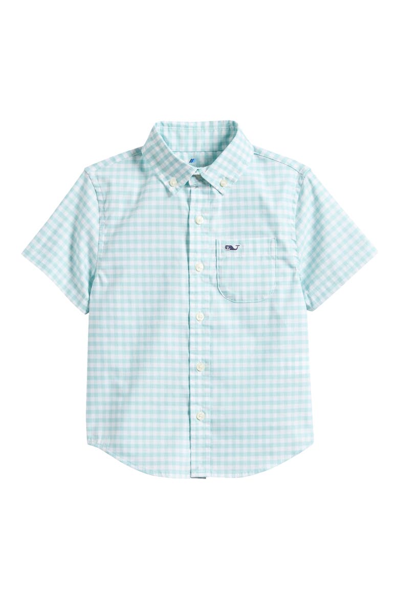 Kids' On-The-Go brrr° Short Sleeve Cotton Button-Down Shirt, Alternate, color, AQUA HAZE GINGHAM