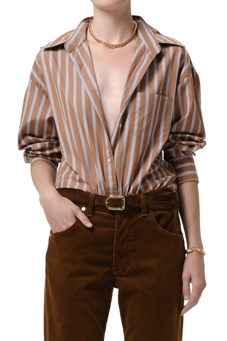 Thea Striped Boyfriend Shirt, Main, color, COPPER STRIPE ORGANIC BROWN