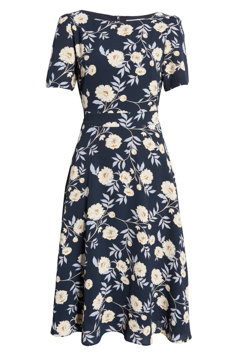 Floral Puff Sleeve Fit & Flare Dress, Alternate, color, NAVY