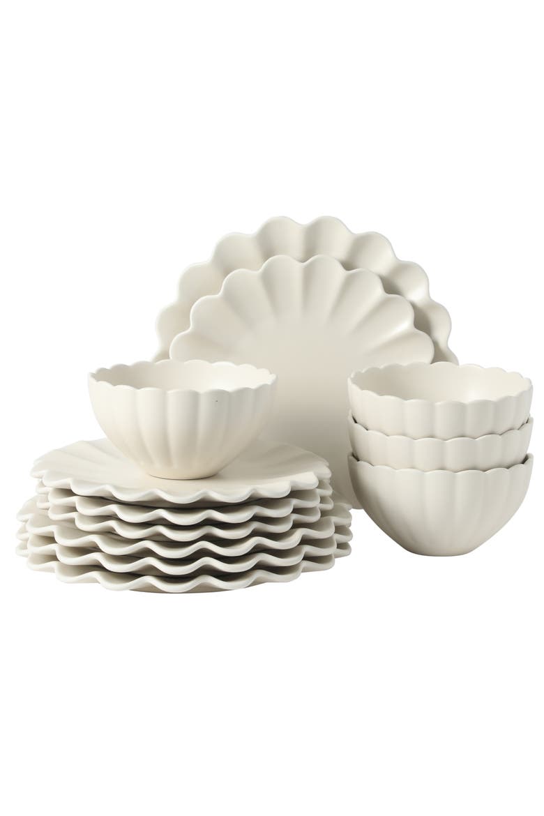 Bistro Fleur 12-Piece Scalloped Stoneware Dinnerware Set for 4, Main, color, Matte Cream