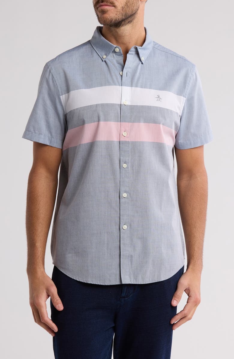 Original Penguin Short Sleeve Cotton Blend Poplin Button-Up Shirt, Main, color, Dark Sapphire