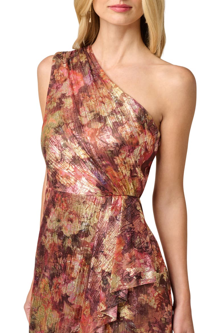 Metallic Floral One-Shoulder Chiffon Gown, Alternate, color, GOLD MULTI