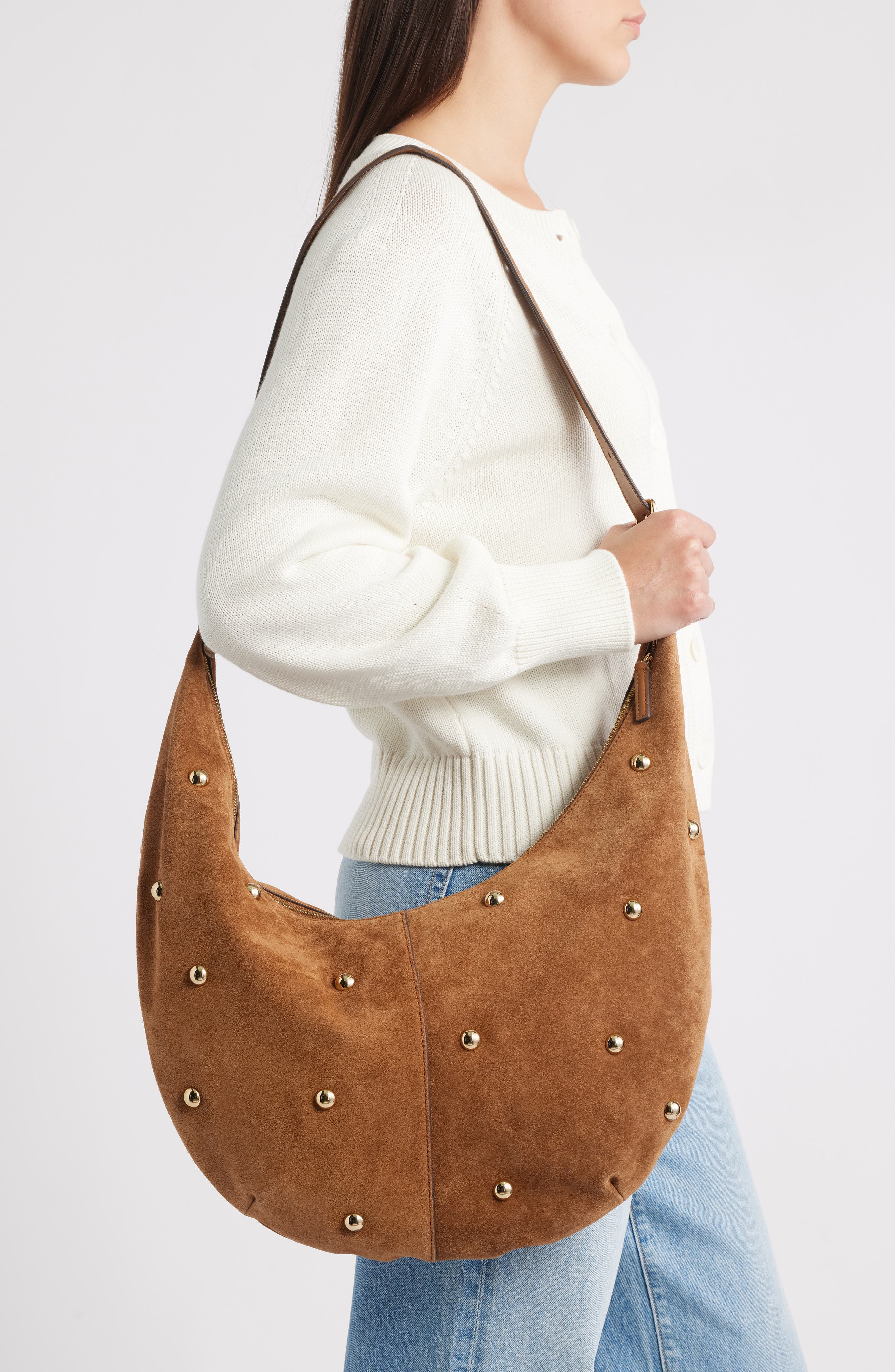 Madewell The Essential Curve Suede Shoulder Bag, Alternate, color, Dried Acorn