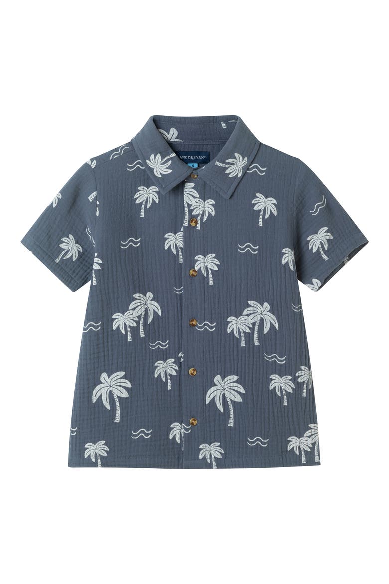 Kids' Printed Cotton Gauze Button-Up Shirt & Shorts Set, Alternate, color, GREY