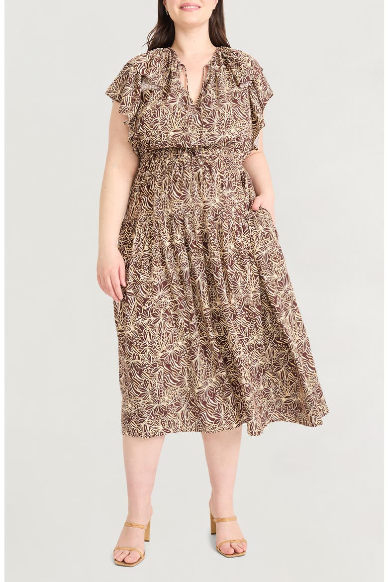 Ruffle Cap Sleeve Midi Dress, Main, color, BROWN/ IVORY