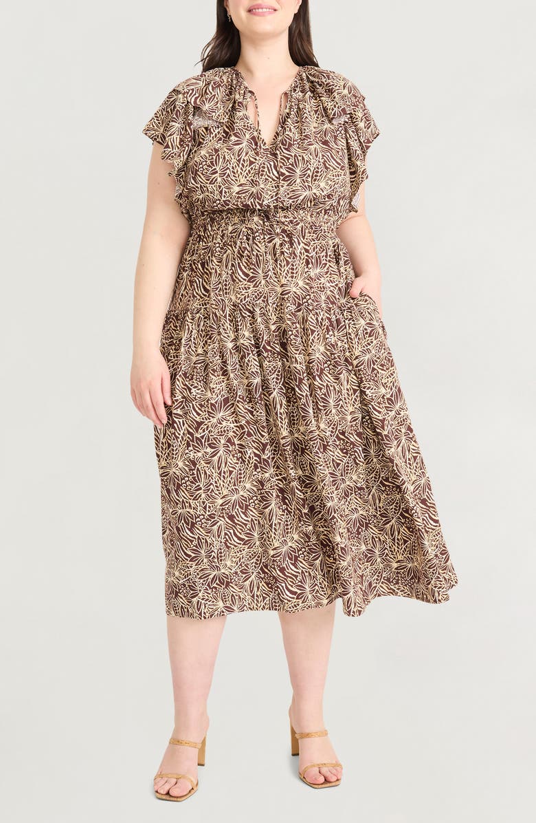 The Good Journey Ruffle Cap Sleeve Midi Dress, Main, color, Brown/ Ivory