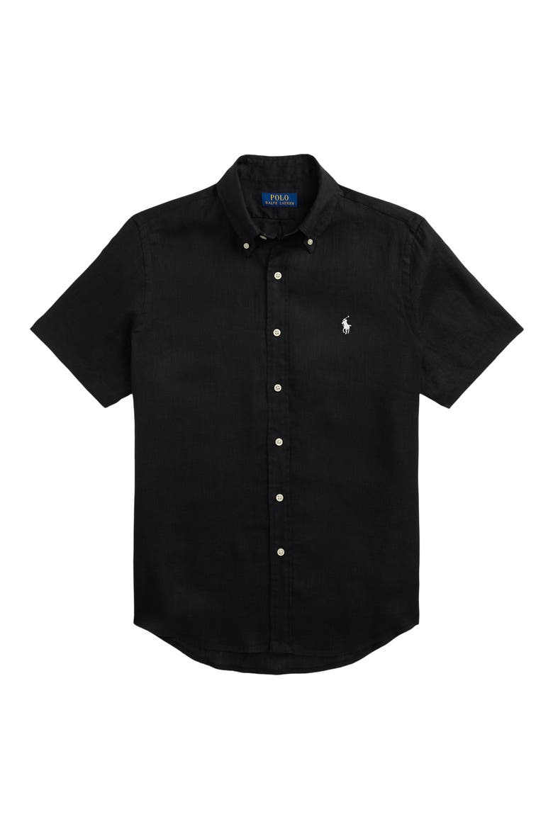 Solid Black Short Sleeve Linen Button-Down Shirt, Alternate, color, POLO BLACK