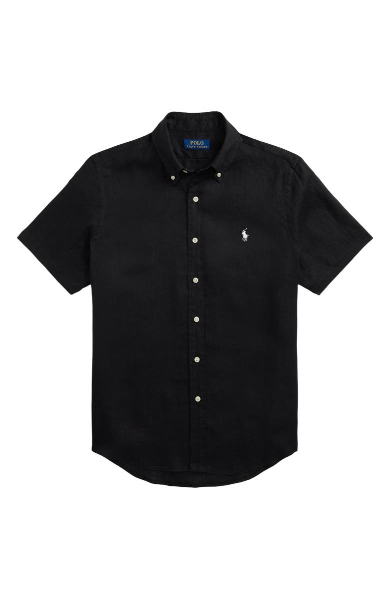 Polo Ralph Lauren Solid Black Short Sleeve Linen Button-Down Shirt, Alternate, color, Polo Black