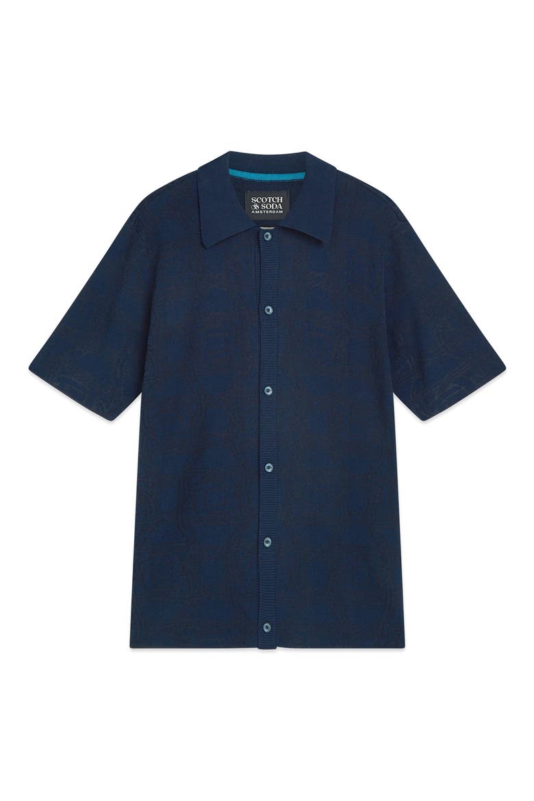 Tone-on-Tone Jacquard Short Sleeve Button-Up Knit Shirt, Alternate, color, HORSESHOES INFINITY