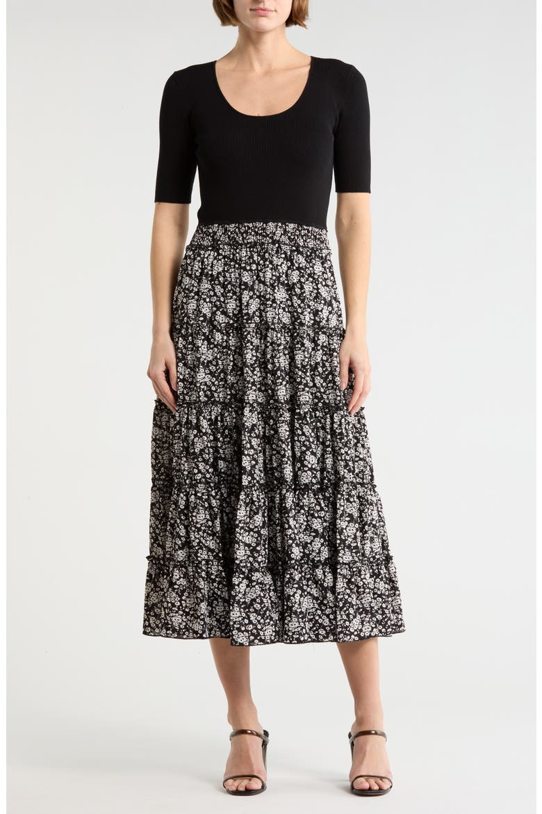 Mixed Media Midi Dress, Main, color, BLACK WITH DITSY FLORAL SKIRT