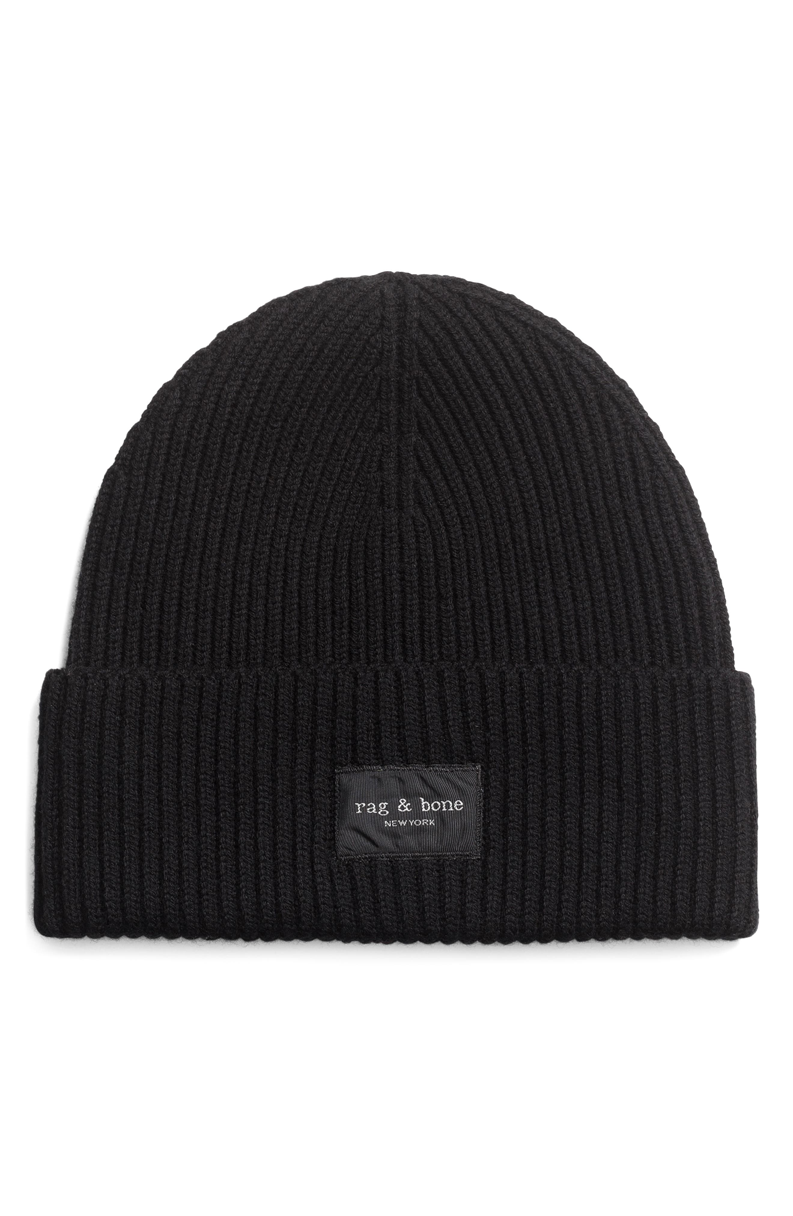 rag & bone Blake Logo Patch Wool Blend Rib Beanie