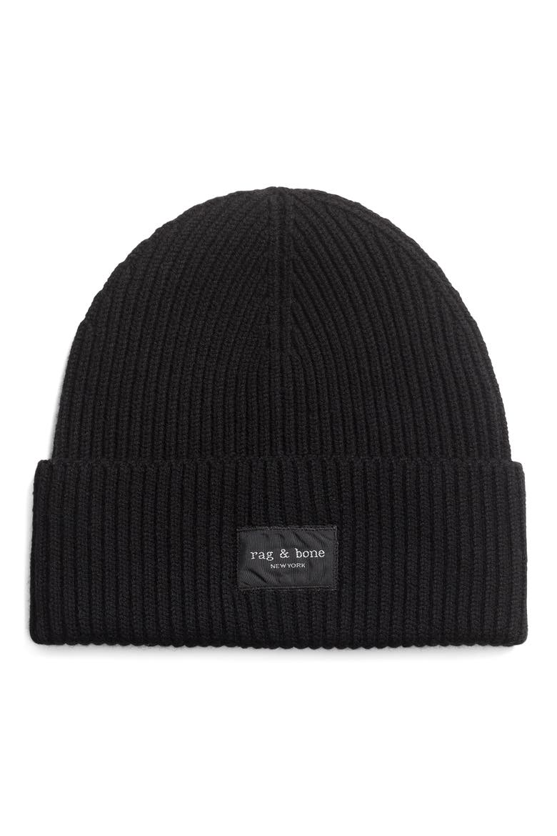 Blake Logo Patch Wool Blend Rib Beanie, Main, color, BLACK
