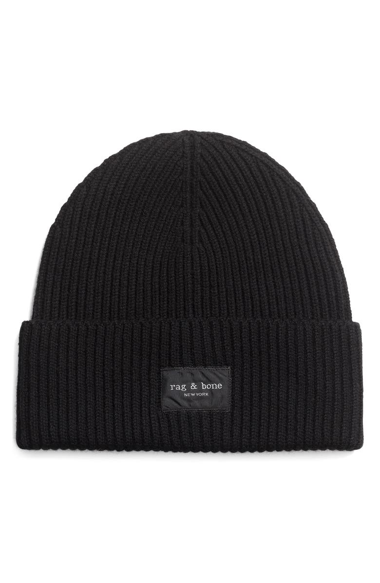 rag & bone Blake Logo Patch Wool Blend Rib Beanie, Main, color, Black