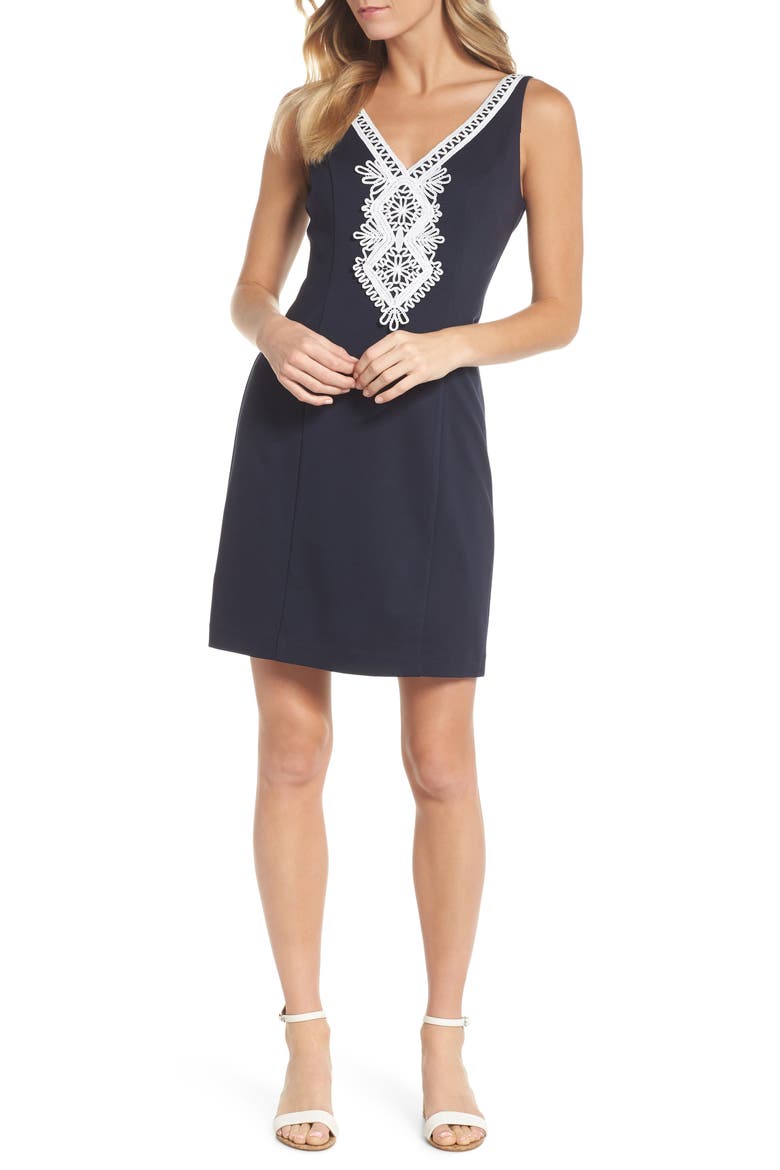 Embroidered V-Neck Shift Dress, Main, color, NAVY/ IVORY